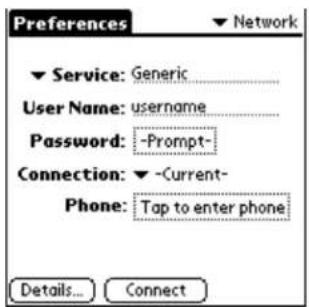 Preferences Service: Generic User Name: username Password: -Prompt- Connection: -Current- Phone: Tap to enter phone Details... Connect