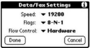 Data/Fax Settings Speed: ▼ 19200 Flags: ▼ 8-N-1 Flow Control: ▼ Hardware Done Cancel