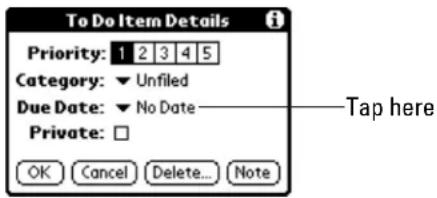 To Do Item Details Priority: 1 2 3 4 5 Category: ▼ Unfiled Due Date: ▼ No Date Private: □ OK Cancel Delete... Note Tap here