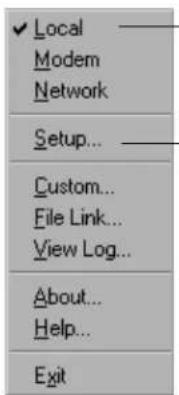 ✓ Local Modem Network Setup... Custom... File Link... View Log... About... Help... Exit