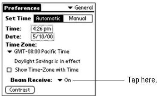 Preferences ▼ General Set Time Automatic Manual Time: 4:26 pm Date: 5/10/00 Time Zone: ▼ GMT-08:00 Pacific Time Daylight Savings is in effect □ Show Time-Zone with Time Beam Receive: ▼ On ———— Tap here. Contrast
