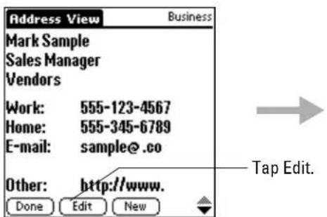 Address View Mark Sample Sales Manager Vendors Work: 555-123-4567 Home: 555-345-6789 E-mail: sample@.co Other: http://www. Done Edit New Tap Edit.