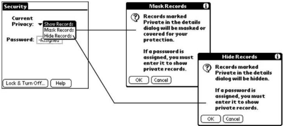 Security Current Privacy: Show Records Mask Records Hide Records Password: -assigned Lock & Turn Off... Help Mask Records Records marked Private in the details dialog will be masked or covered for your protection. If a password is assigned, you must enter it to show private records. OK Cancel Hide Records Records marked Private in the details dialog will be hidden. If a password is assigned, you must enter it to show private records. OK Cancel