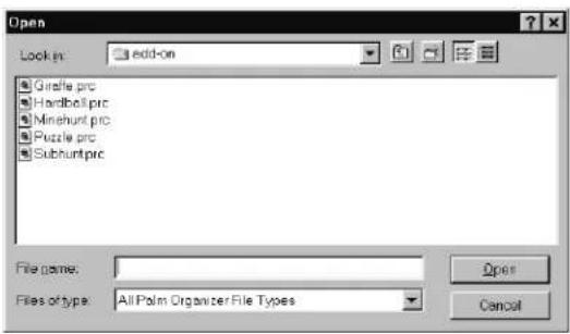 Open Look in: add-on Giraffe proc Hardball proc Minehunt proc Puzzle proc Subhuntproc File name: Files of type: AllPalm Organizer File Types Open Cancel