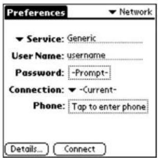 Preferences ▼ Network ▼ Service: Generic User Name: username Password: -Prompt- Connection: ▼ -Current- Phone: Tap to enter phone Details... Connect
