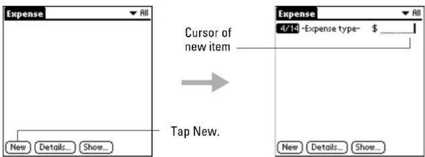 Expense All New Details... Show... Cursor of new item Tap New. Expense 4/14 -Expense type- $ _________ New Details... Show...