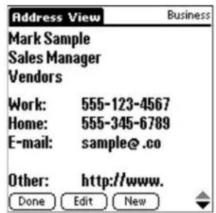 Address View Mark Sample Sales Manager Vendors Work: 555-123-4567 Home: 555-345-6789 E-mail: sample@.co Other: http://www. Done Edit New