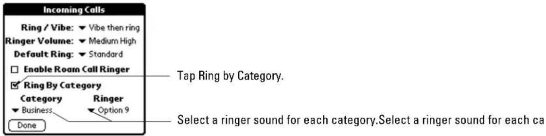 Incoming Calls Ring / Vibe: ▼ Vibe then ring Ringer Volume: ▼ Medium High Default Ring: ▼ Standard □ Enable Roam Call Ringer ✓ Ring By Category Category Ringer ▼ Business Option 9 Done Tap Ring by Category. Select a ringer sound for each category.Select a ringer sound for each ca
