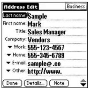 Address Edit Last name: Sample First name: Mark Title: Sales Manager Company: Vendors ✓ Work: 555-123-4567 ✓ Home: 555-345-6789 ✓ E-mail: sample@.co ✓ Other: http://www. Done Details... Note Business