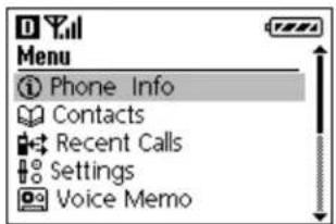 Menu ① Phone Info Contacts Recent Calls Settings Voice Memo