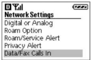 Yall Network Settings Digital or Analog Roam Option Roam/Service Alert Privacy Alert Data/Fax Calls In