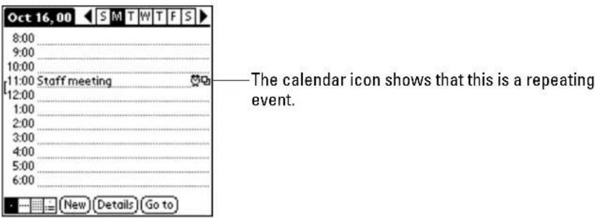 Oct 16, 00 8:00 9:00 10:00 11:00 Staff meeting 12:00 1:00 2:00 3:00 4:00 5:00 6:00 New Details Go to The calendar icon shows that this is a repeating event.