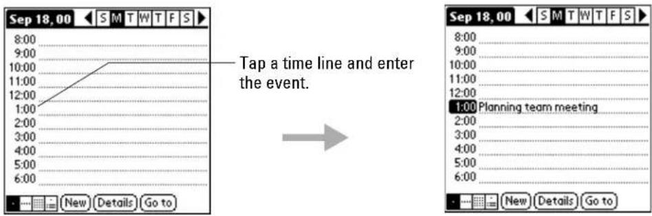 Sep 18, 00 S M T W T F S 8:00 9:00 10:00 11:00 12:00 1:00 2:00 3:00 4:00 5:00 6:00 New Details Go to Tap a time line and enter the event. Sep 18, 00 S M T W T F S 8:00 9:00 10:00 11:00 12:00 1:00 Planning team meeting 2:00 3:00 4:00 5:00 6:00 New Details Go to