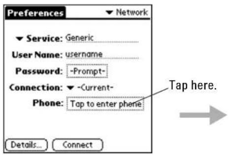 Preferences ▼ Network ▼ Service: Generic User Name: username Password: -Prompt- Connection: ▼ -Current- Phone: Tap to enter phone Details... Connect Tap here.