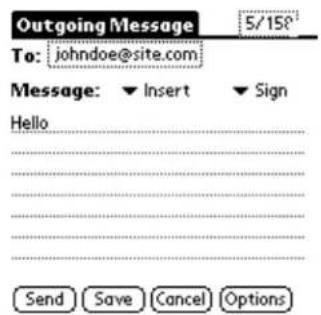 Outgoing Message To: johndoe@site.com Message: ▼ Insert ▼ Sign Hello Send Save Cancel Options