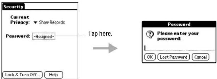 Security Current Privacy: ▼ Show Records Password: -Assigned- Tap here. Lock & Turn Off... Help Password ? Please enter your password: OK Lost Password Cancel