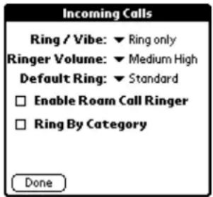 Incoming Calls Ring / Vibe: ▼ Ring only Ringer Volume: ▼ Medium High Default Ring: ▼ Standard □ Enable Roam Call Ringer □ Ring By Category Done