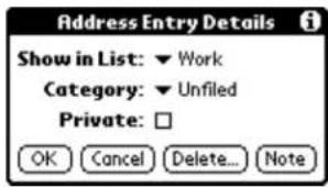Address Entry Details Show in List: ▼ Work Category: ▼ Unfiled Private: □ OK Cancel Delete... Note