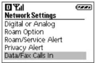 Network Settings Digital or Analog Roam Option Roam/Service Alert Privacy Alert Data/Fax Calls In