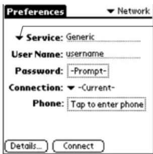 Preferences Service: Generic User Name: username Password: -Prompt- Connection: -Current- Phone: Tap to enter phone Details... Connect