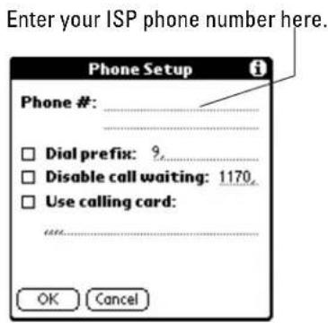 Enter your ISP phone number here. Phone Setup Phone #: ____ □ Dial prefix: 9 □ Disable call waiting: 1170 □ Use calling card: OK Cancel