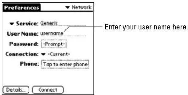 Preferences Service: Generic User Name: username Password: -Prompt- Connection: -Current- Phone: Tap to enter phone Details... Connect Enter your user name here.
