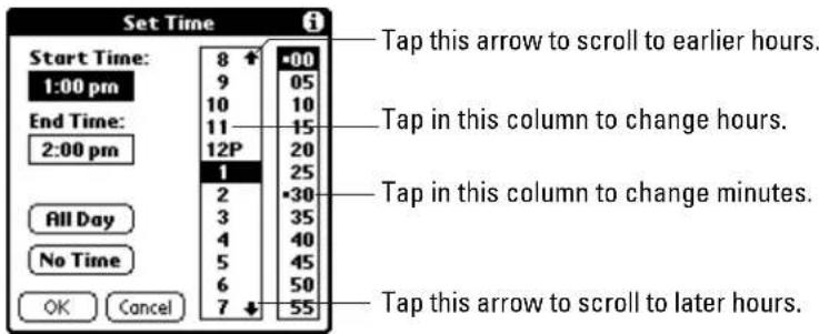 Start Time: 1:00 pm End Time: 2:00 pm All Day No Time OK Cancel 8 ↑ 00 9 05 10 10 11 15 12P 20 1 25 2 30 3 35 4 40 5 45 6 50 7 ↓ 55 Tap this arrow to scroll to earlier hours. Tap in this column to change hours. Tap in this column to change minutes. Tap this arrow to scroll to later hours.