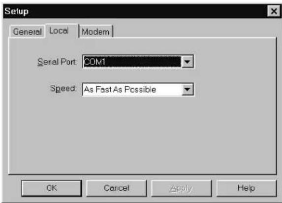 Setup General Local Modern Serial Port: COM1 Speed: As Fast As Possible OK Cancel Apply Help