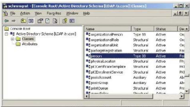 schammgmt - [Console Root\Active Directory Schema [LDAP.tr.com] Classes] File Action View Favorites Window Help Console Root Active Directory Schema [LDAP.tr.com] Classes Attributes Name Type Status De organizationalPerson]^ Type 88 Active Or organizationalRole Structural Active Or organizationalUni…