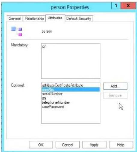 person Properties General Relationship Attributes Default Security person Mandatory: C1 Optionel:atts/All serialNumber sn telephoneNumber userPassword Add Remove OK Cancel Apply Help