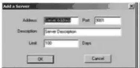 Add a Server Address: Server Address Page: 100% Description: Server Description Limit: 100 Days OK Cancel