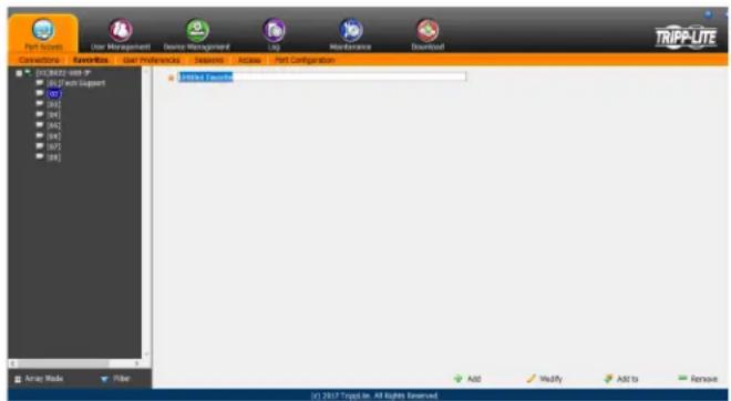 Part 100 User Management Device Management Log Non-Performance Download Connections Favorites User Preferences Desires Access Part Configuration [01.06.22-085 IP] [02] Web Support [03] [04] [05] [06] [07] [08] TRIPP-LITE Add Modify Add to Remove [01.29.17 Tripp-In: All Rights Reserved