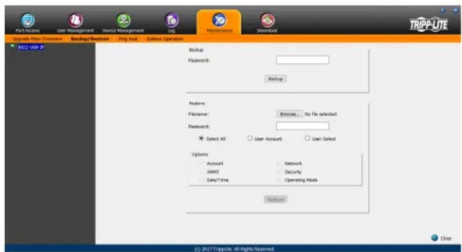 Coplicator User Management Device Management Log Properties Download TrippUTE Details View Documents Backup/Features Stop out System Operation 2012 USB IP Backup Password: Backup Features: Filename: Browse... No file selected. Password: Select All User Account User Select Options Account Network AWI…