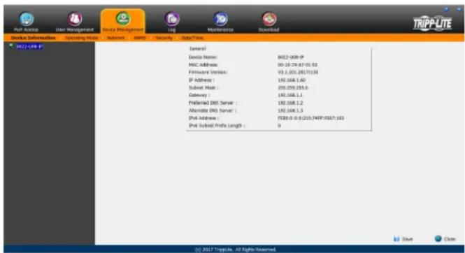 TRIP-LITE Port Address User Management Device Management Log Maintenance Download Device Information Operating History Subnet APMS Security Data/Time General Device Name: 8022-008-9 MAC Address: 00-10-74-67-01-03 Firmware Verdes: V2.3.201.2817139 IP Address: 192.568.1.60 Subnet Mask: 205.205.205.8 G…