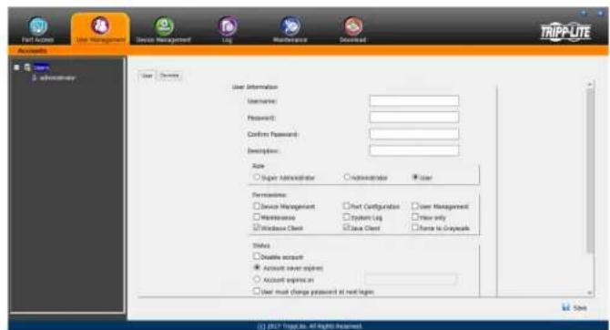 TRIPUTE User Information User(s): Password: Confirm Password: Description: Role Super Administrator Administrator User Form(s) Service Management Start Configuration User Management Maintenance System Log New only Windows Check Last Client Change to GroupPage Status Double account Account server exp…