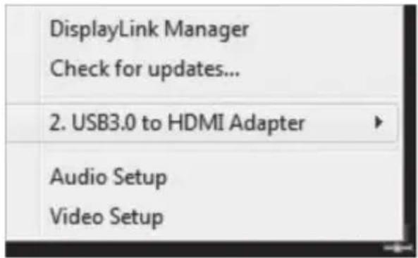 DisplayLink Manager Check for updates... 2. USB3.0 to HDMI Adapter Audio Setup Video Setup
