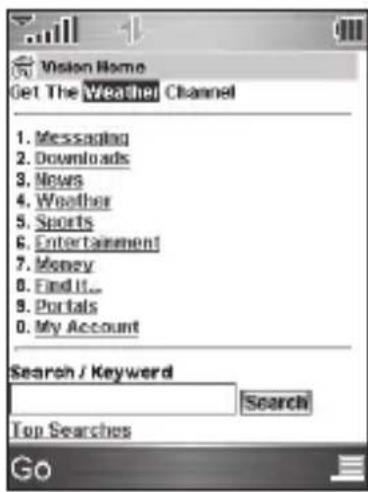 Vision Home Get The Weather Channel 1. Messaging 2. Downloads 3. News 4. Weather 5. Sports 6. Entertainment 7. Money 8. Find It... 9. Portals 0. My Account Search / Keyword Search Top Searches Go