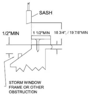 SASH 1/2"MIN 1 1/2"MIN 18 3/4", / 19 7/8"MIN STORM WINDOW FRAME OR OTHER OBSTRUCTION