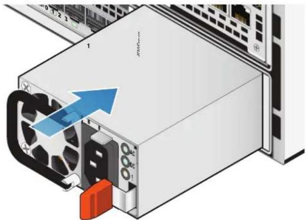 Diagram of a server rack with labeled ports and an upward arrow indicating flow or movement, showing internal components like drive, power, and ventilation.