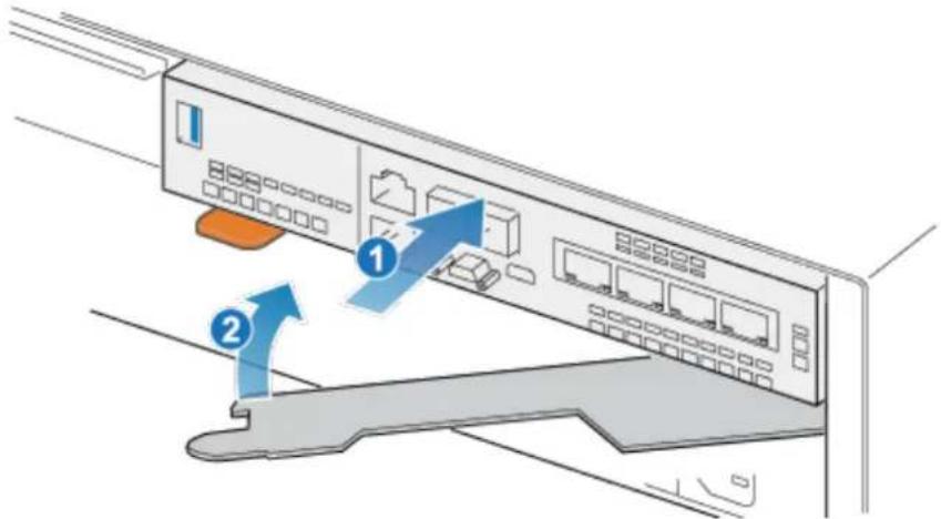 Diagram showing two labeled arrows pointing to a server rack with ports and connectors, indicating data transfer or system movement.