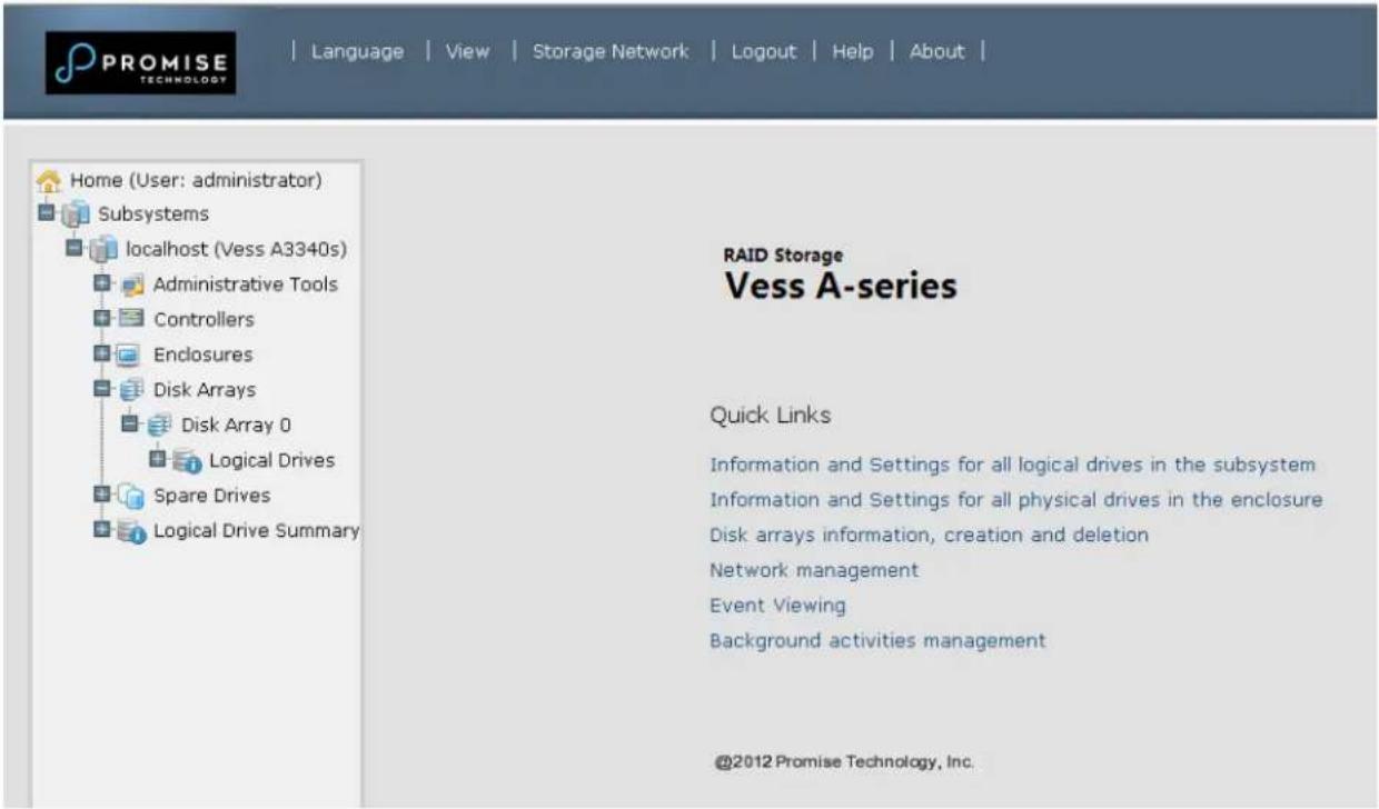 PROMISE TECHNOLOGY Language | View | Storage Network | Logout | Help | About | Home (User: administrator) Subsystems localhost (Vess A3340s) Administrative Tools Controllers Enclosures Disk Arrays Disk Array 0 Logical Drives Spare Drives Logical Drive Summary RAID Storage Vess A-series Quick Links Information and Settings for all logical drives in the subsystem Information and Settings for all physical drives in the enclosure Disk arrays information, creation and deletion Network management Event Viewing Background activities management ©2012 Promise Technology, Inc.