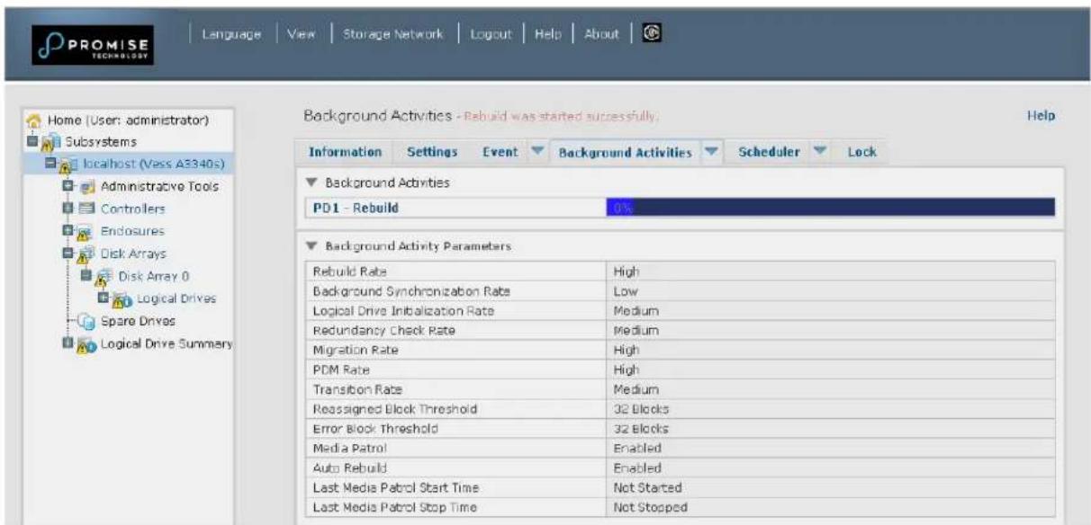 PROMISE TECHNOLOGY Language View Storage Network Logout Help About Home (User: administrator) Subsystems localhost (Vess A3340s) Administrative Tools Controllers Endosures Disk Arrays Disk Array 0 Logical Drives Spare Drives Logical Drive Summary Background Activities - Rebuild was started successfully. Help Information Settings Event Background Activities Scheduler Lock Background Activities PD1 - Rebuild 0% Background Activity Parameters Rebuild Rate High Background Synchronization Rate Low Logical Drive Initialization Rate Medium Redundancy Check Rate Medium Migration Rate High PDM Rate High Transition Rate Medium Reassigned Block Threshold 32 Blocks Error Block Threshold 32 Blocks Media Patrol Enabled Auto Rebuild Enabled Last Media Patrol Start Time Not Started Last Media Patrol Stop Time Not Stopped