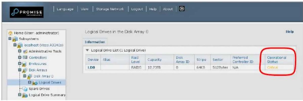 PROMISE TECHNOLOGY Language View Storage Network Logout Help About Home (User: administrator) Subsystems localhost (Vess A3240s) Administrative Tools Controllers Enclosures Disk Arrays Disk Array 0 Logical Drives Spare Drives Logical Drive Summary Logical Drives in the Disk Array 0 Help Information Logical Drive List (1 Logical Drive) Device Alias Raid Level Capacity Disk Array ID Stripe Sector Preferred Controller ID Operational Status LDO RAIDS 12.73TB 0 64KB 512Bytes N/A Onshore