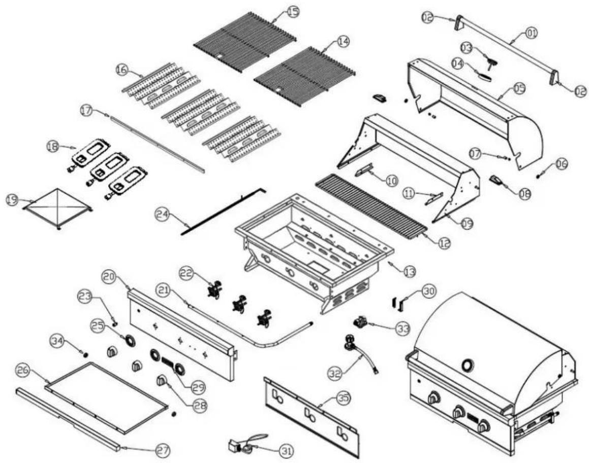 Exploded view diagram of a portable stove with numbered parts for identification