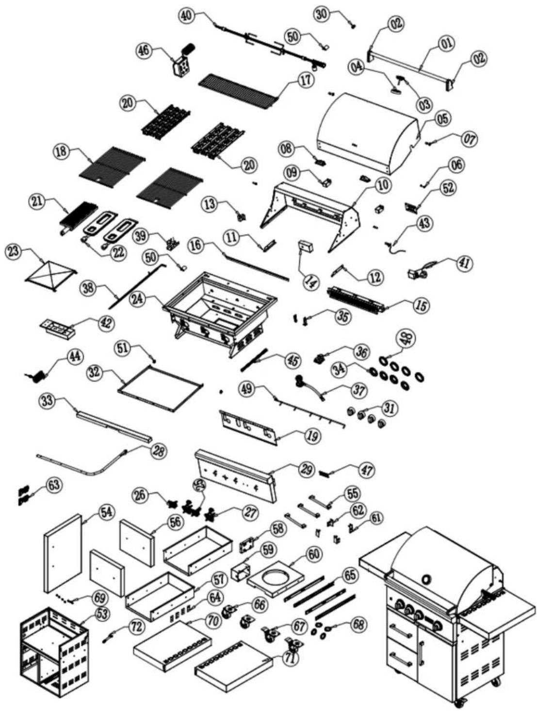 Exploded view diagram of a gas stove with numbered components for identification
