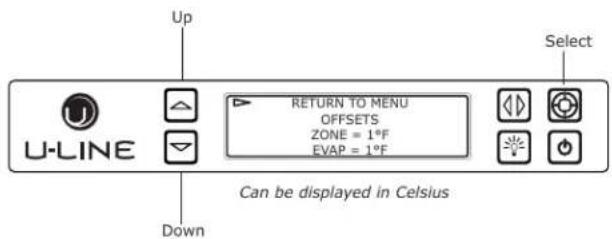 Up U-LINE RETURN TO MENU OFFSETS ZONE = 1°F EVAP = 1°F Select Down Can be displayed in Celsius