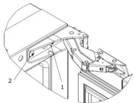 Technical diagram of a mechanical assembly with labeled parts 1 and 2