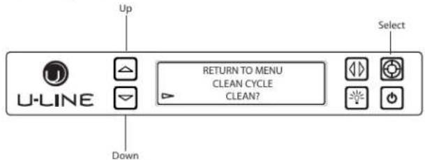 Up U-LINE RETURN TO MENU CLEAN CYCLE CLEAN? Down Select
