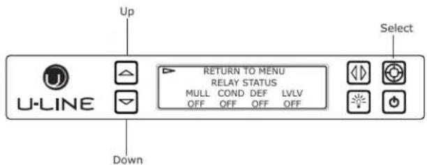 Up U-LINE Down RETURN TO MENU RELAY STATUS MULL COND DEF LVLV OFF OFF OFF OFF Select
