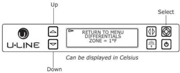 Up Select U-LINE RETURN TO MENU DIFFERENTIALS ZONE = 1°F Down Can be displayed in Celsius